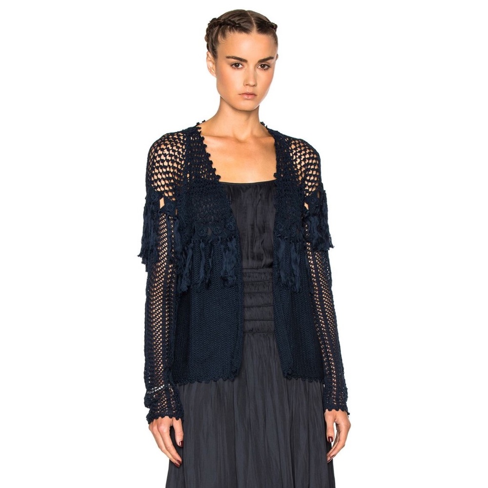 Ulla Johnson Women's Navy Fringed Crochet Claire Cardigan Small